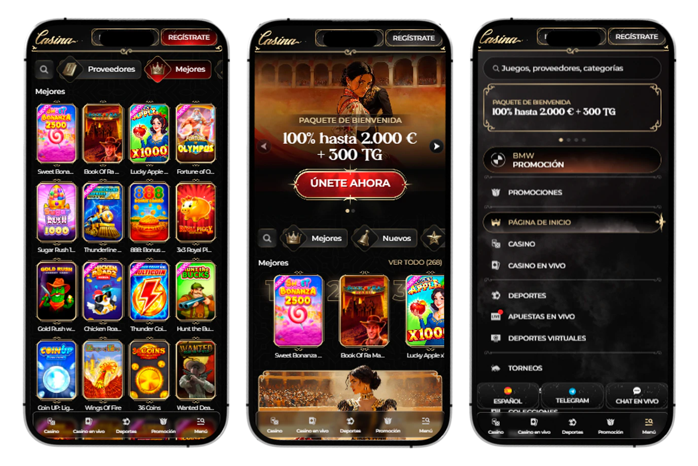 Navegación móvil de Casina Casino desde teléfonos y tablets